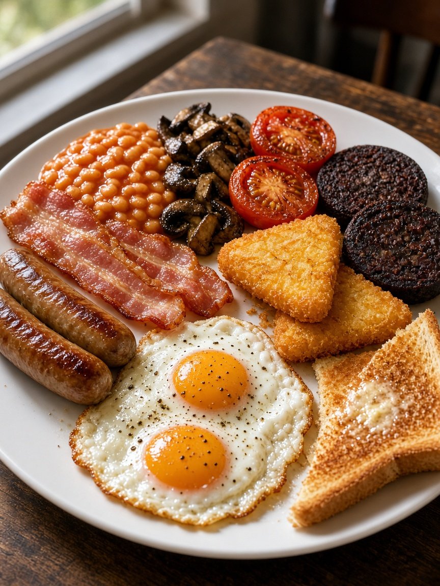 Full breakfast on a white plate