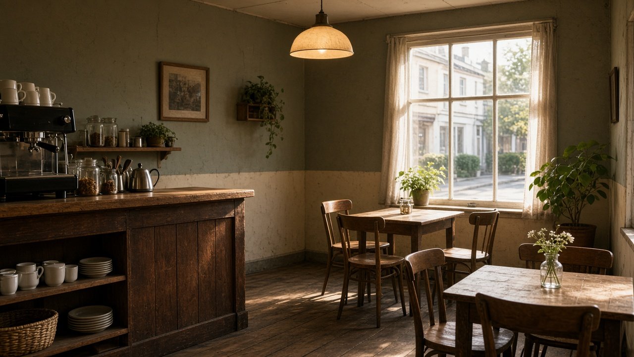 A small cafe room with wooden tables by a window