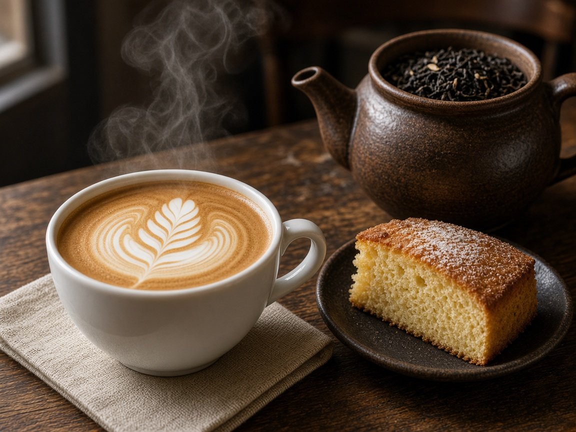 Latte, loose-leaf tea and a slice of cake