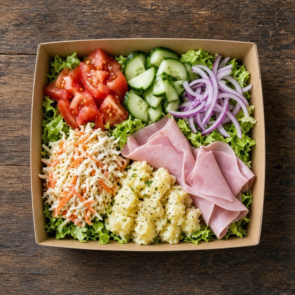 Salad box with lettuce, tomato, cucumber, coleslaw, potato salad and ham